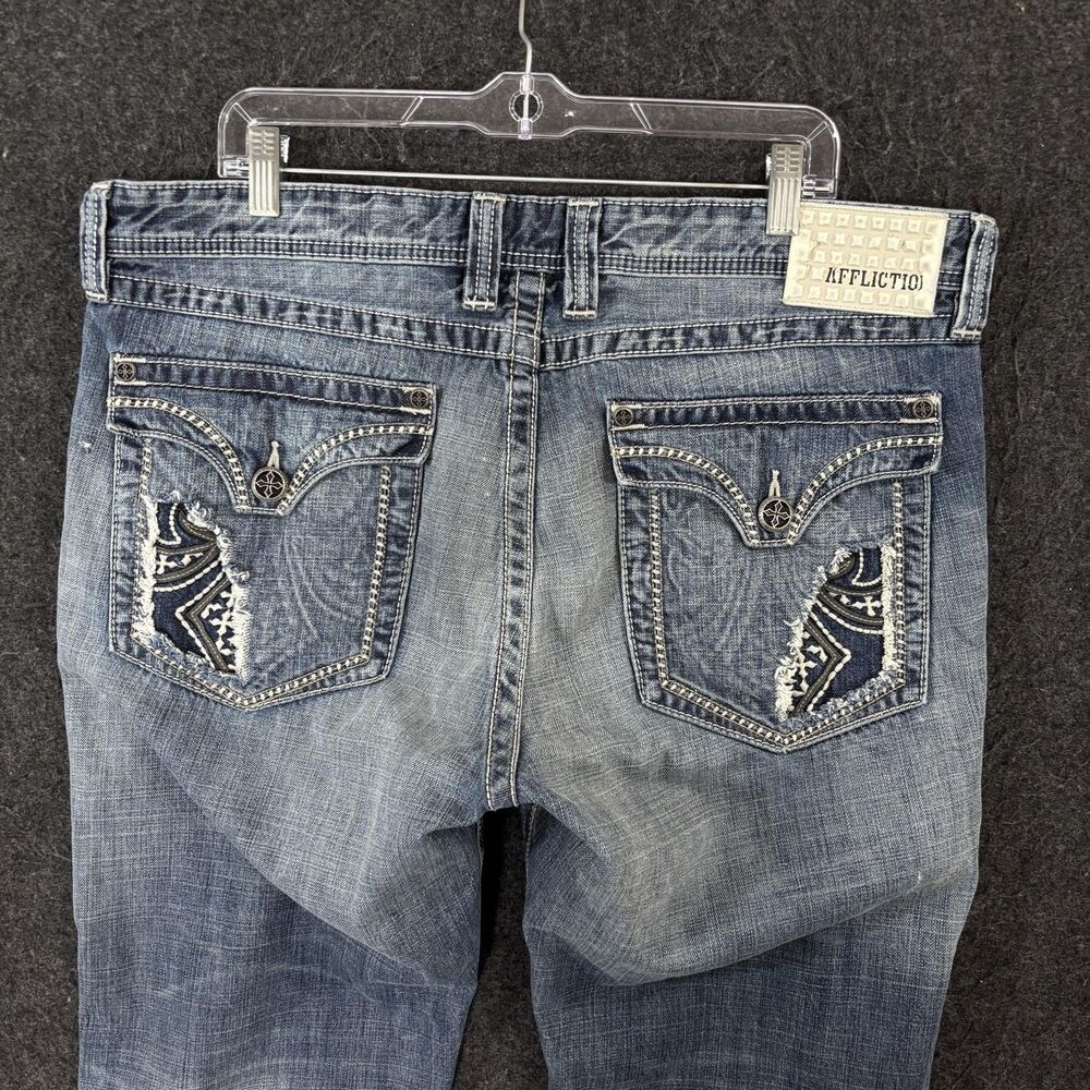 Affliction Cooper Jeans Men's 38x34 Blue Distressed Embroidered Denim Y2K